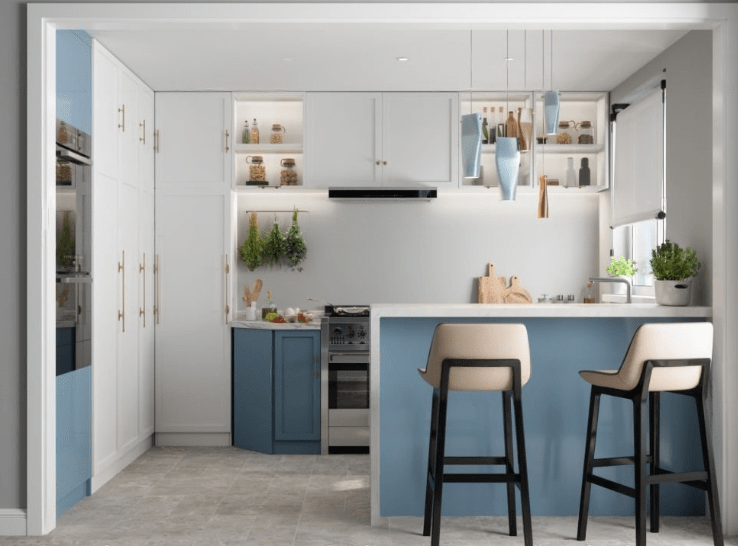 white and blue kitchen design